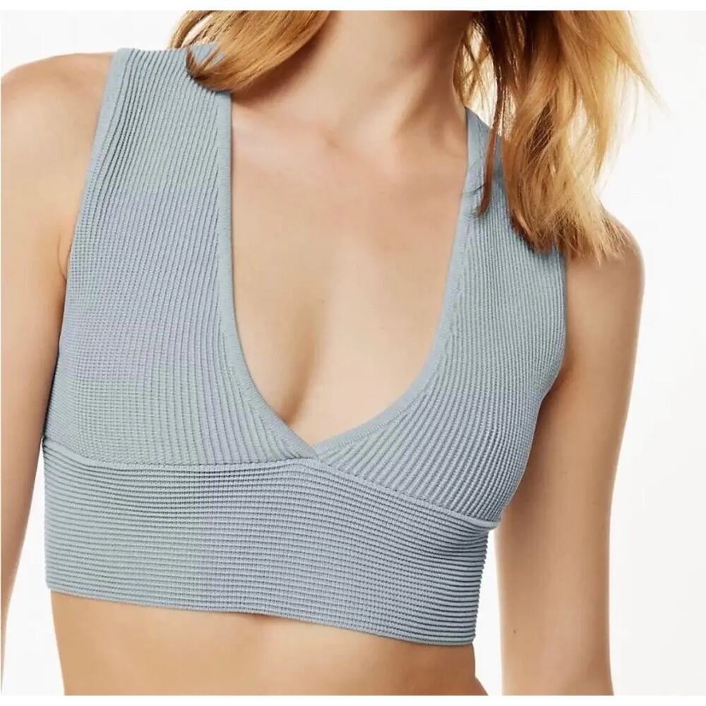 Aritzia Babaton Sculpt Knit Deep V Crop Top Tank Cement Blue M